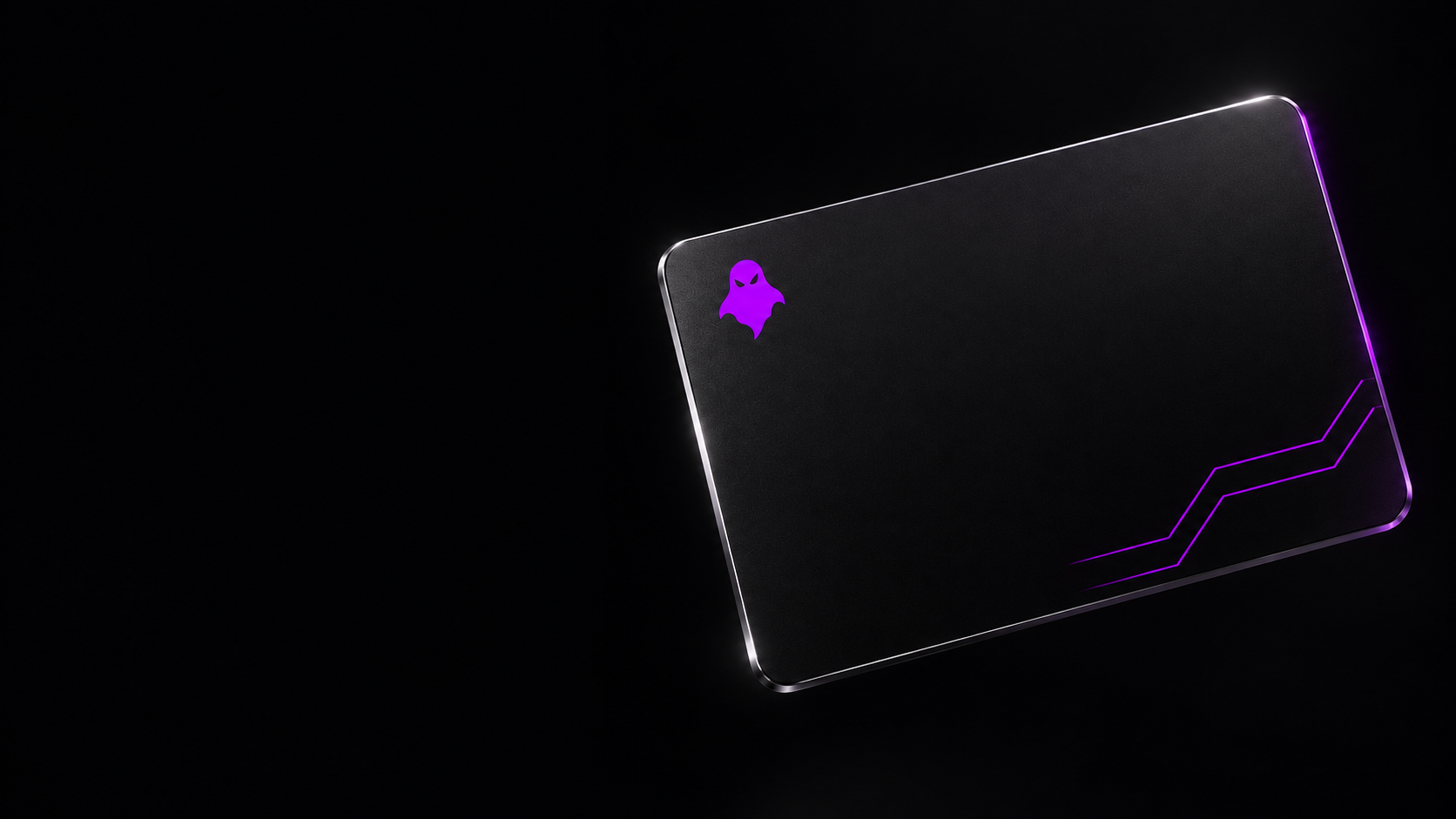 Matte black GhostCard with a metallic edge and two fine electric violet lines